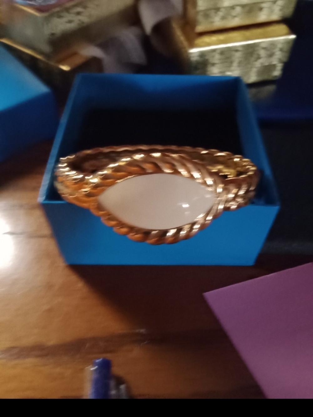 Antique Gold Bangle Bracelet with White Cabochon